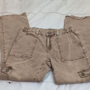 AnnieWear Lyocell Stretch High Rise Cargo Jeans in Toffee Tan Brown size Large